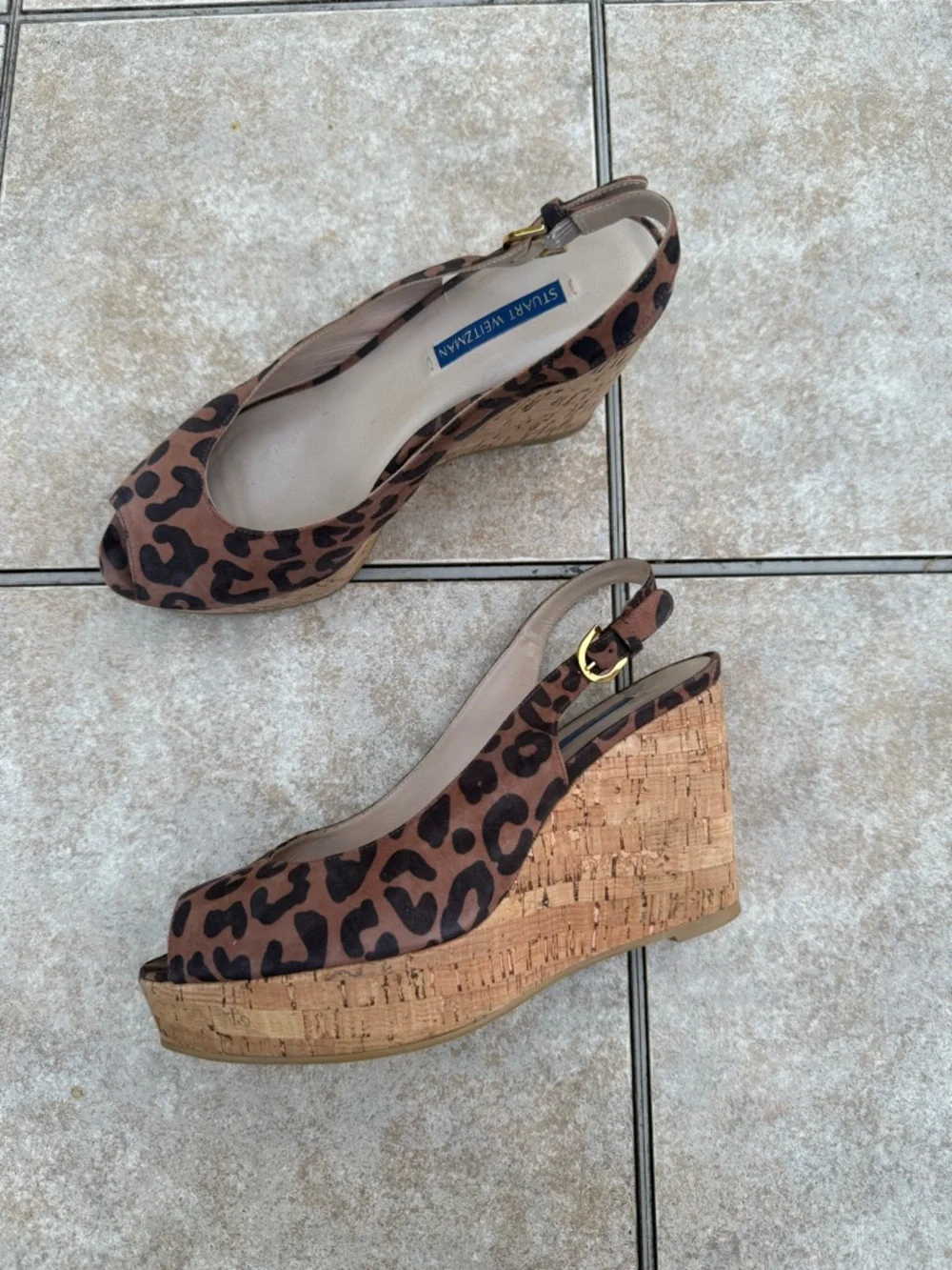 Stuart Weitzman Leopard Print Brown Cork Wedge Slingbacks - Picture 7 of 15